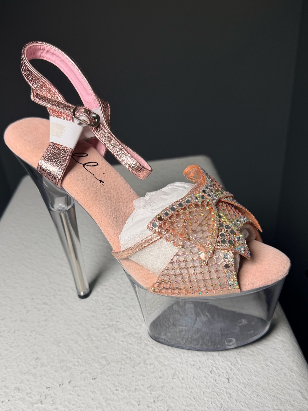 NWT-Women's 709-vamp -Sparkling Pink Crystal Stellato 7”inch with Clear Heel - Picture 2 of 6